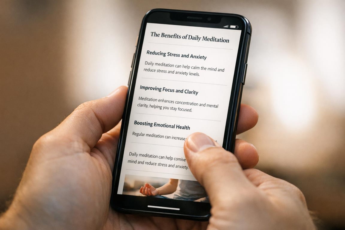 Hand holding smartphone displaying benefits of daily meditation, including stress reduction, focus, and emotional health.