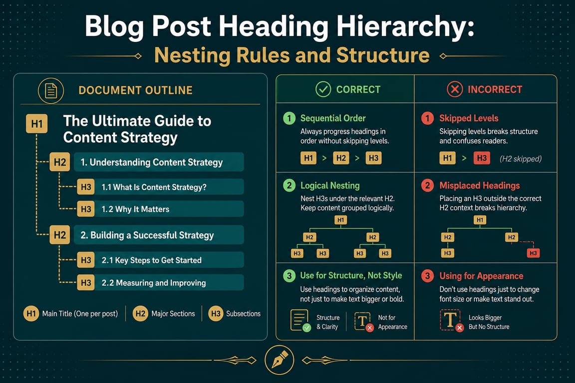 Blog post heading hierarchy infographic, structure blog post readability seo h2s h3s