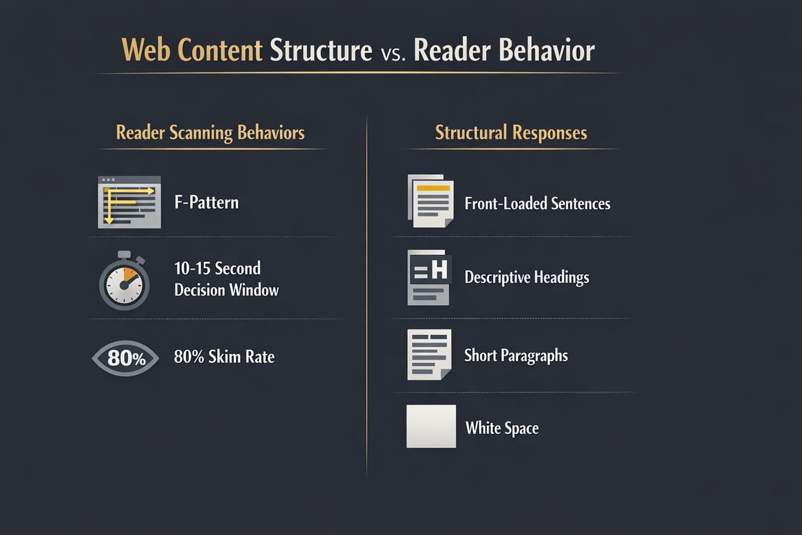 Web content structure compared to reader behavior, showing scanning behaviors and corresponding structural responses.