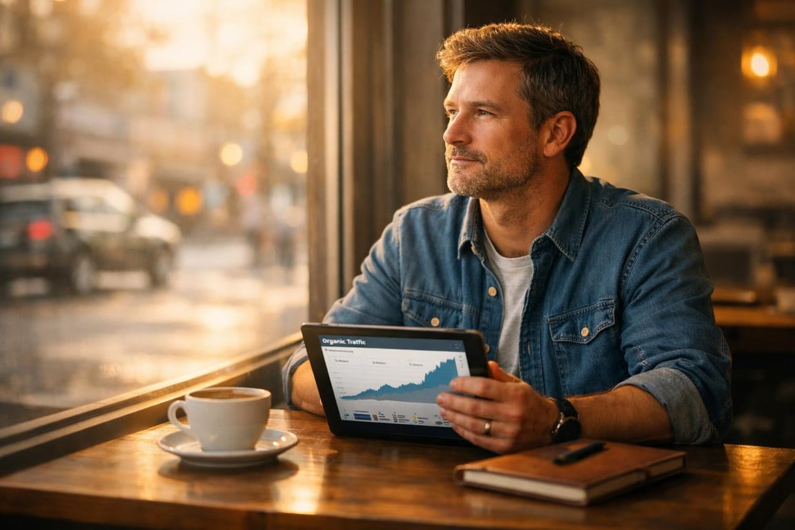 Man in denim shirt holding tablet with organic traffic graph, sitting by cafe window with coffee cup and notebook.
