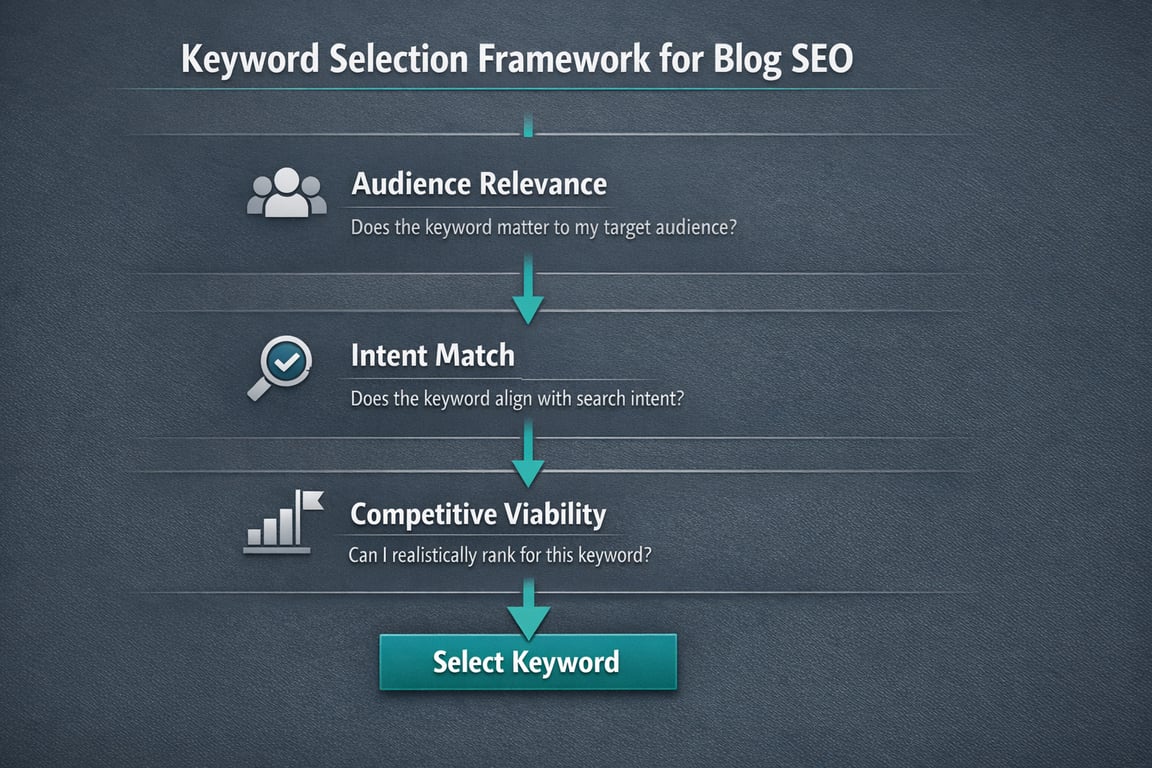 Keyword selection framework flow showing audience relevance, intent match, competitive viability, and selecting keywords for blog SEO.