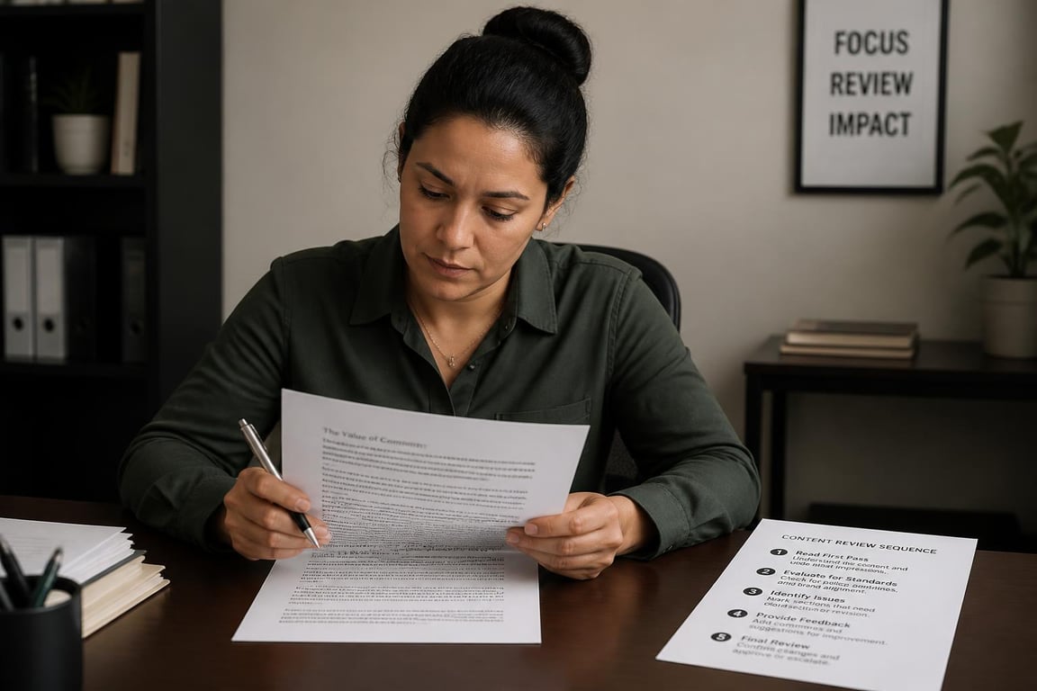 A content reviewer pauses mid-page on a printed article, cross-referencing a numbered E-E-A-T review sequence before publish