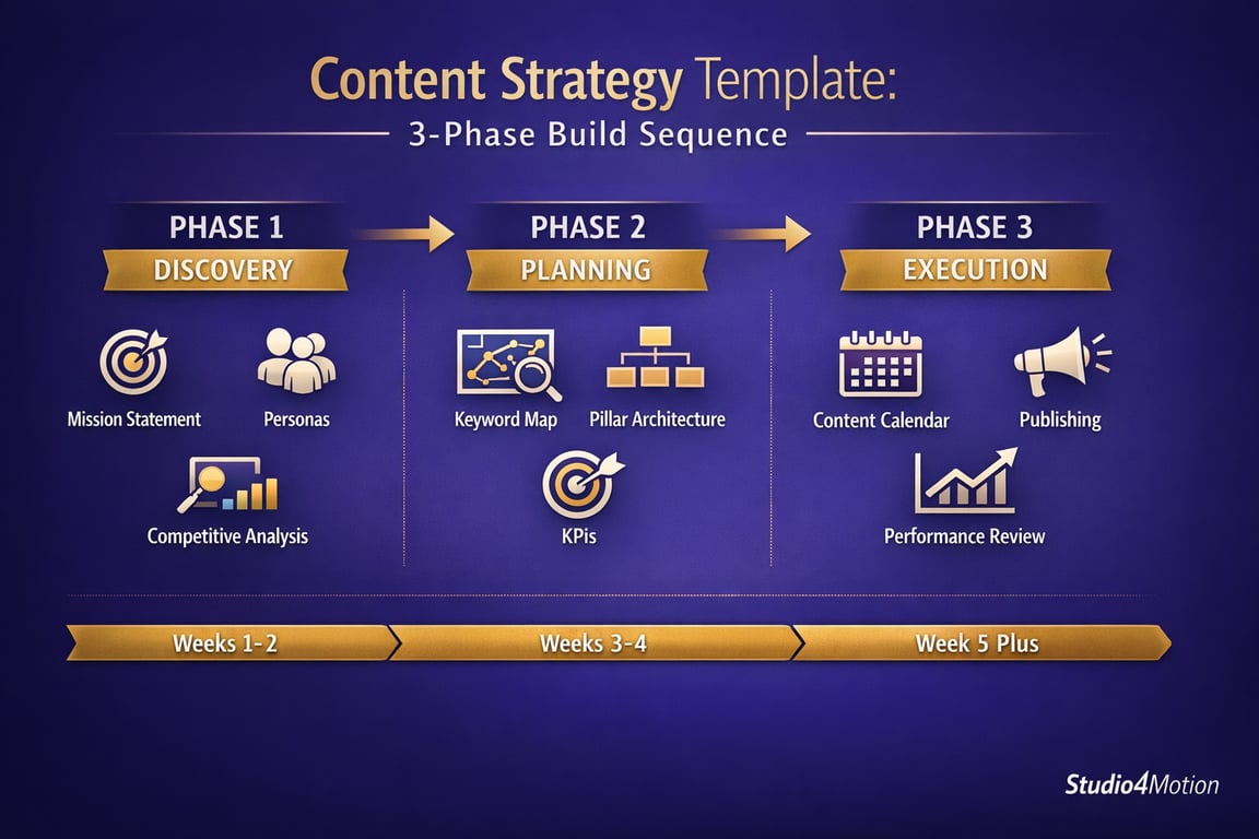 Content strategy template showing a 3-phase build sequence: Discovery, Planning, and Execution with key tasks and timeline.