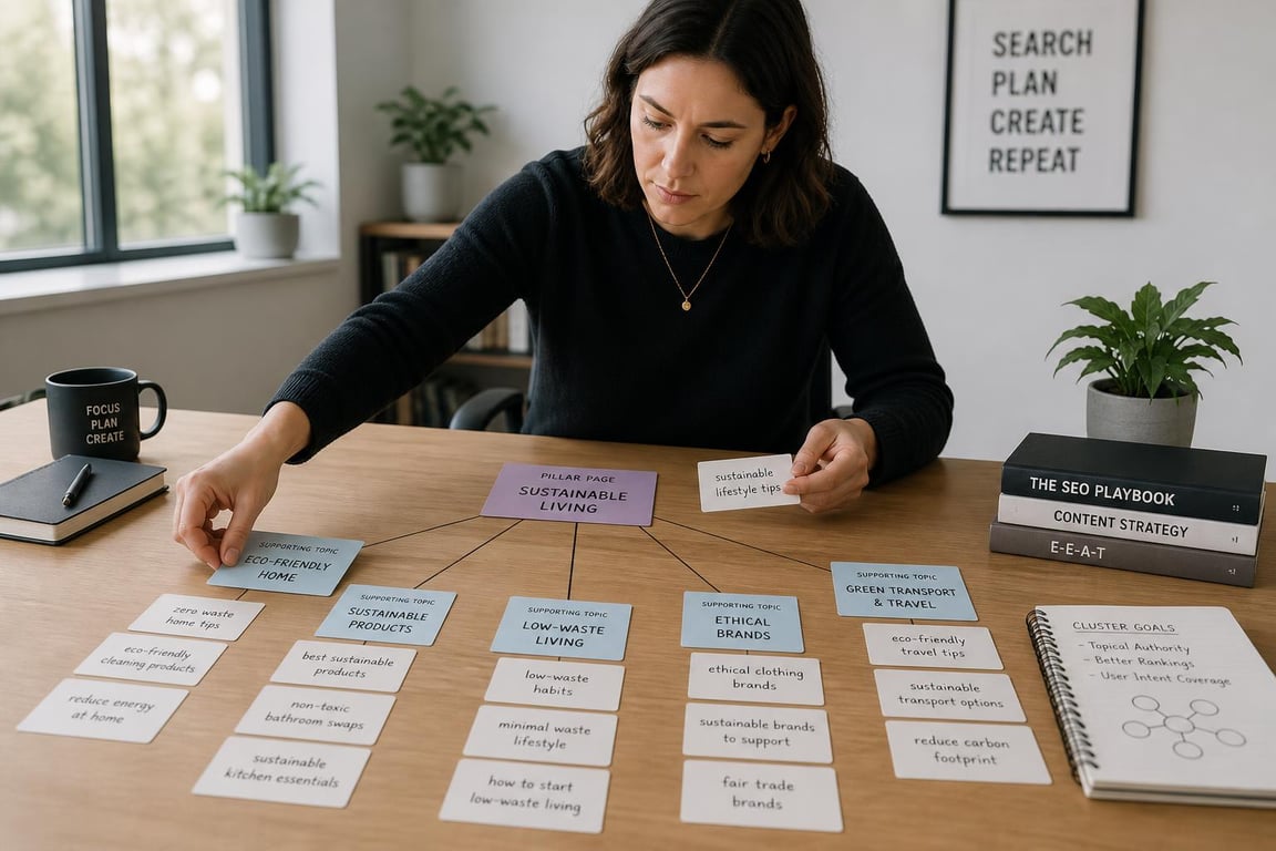 SEO content specialist arranging printed keyword group cards into a topic cluster map on a desk in a minimal office with diffused natural light