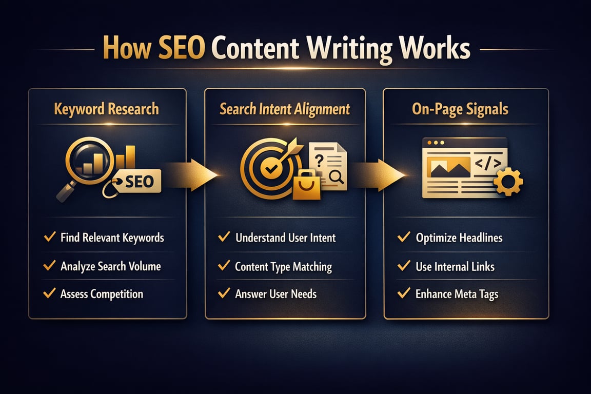 How SEO content writing works with keyword research, search intent alignment, and on-page signals for better optimization.