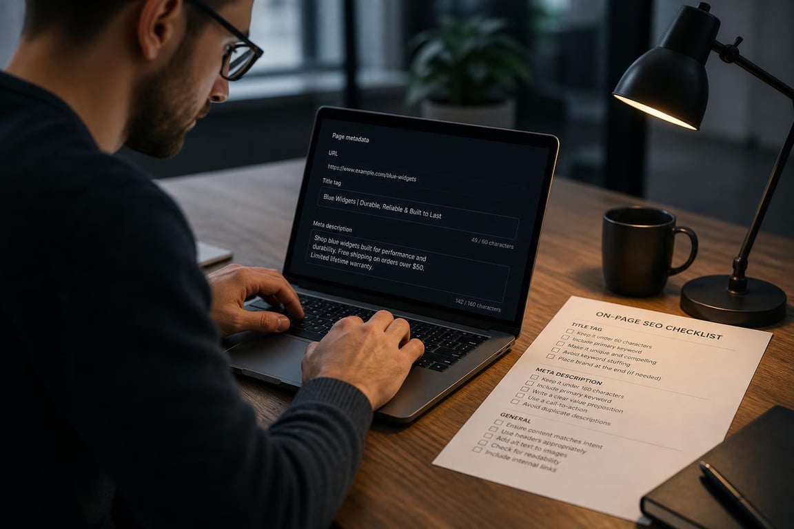 SEO copywriter writing metadata copy on a laptop with a printed title tag and meta description checklist beside the keyboard
