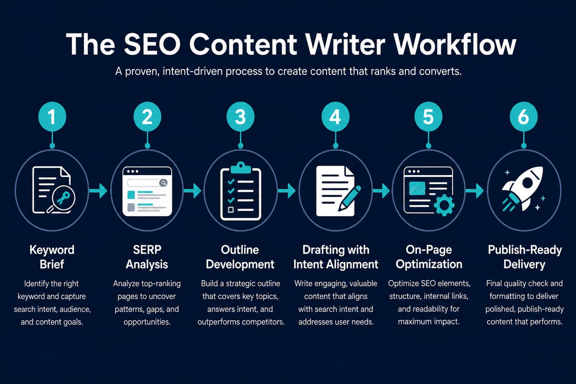 Six-step SEO content writer workflow infographic from keyword brief through SERP analysis, drafting, optimization, and publish-ready delivery