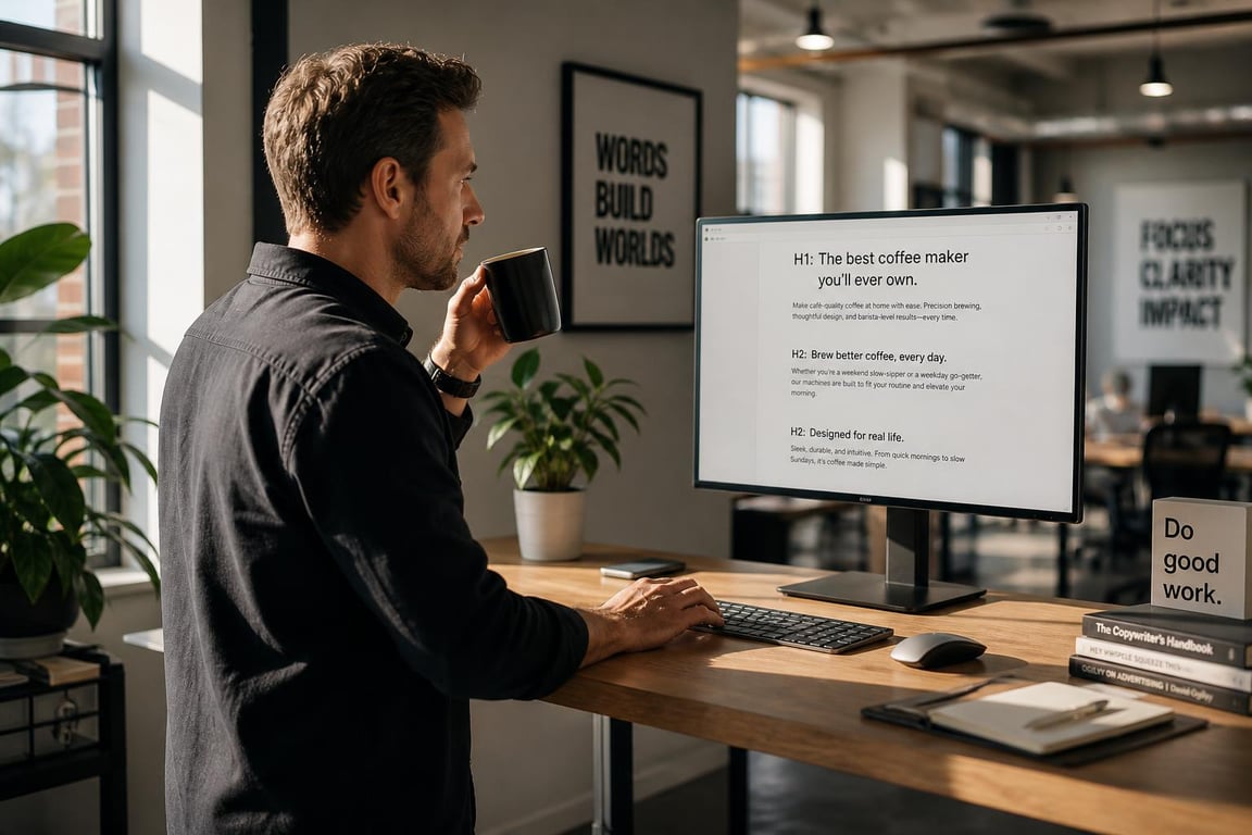 A copywriter at a standing desk reviews heading structure on a monitor while deciding on keyword placement
