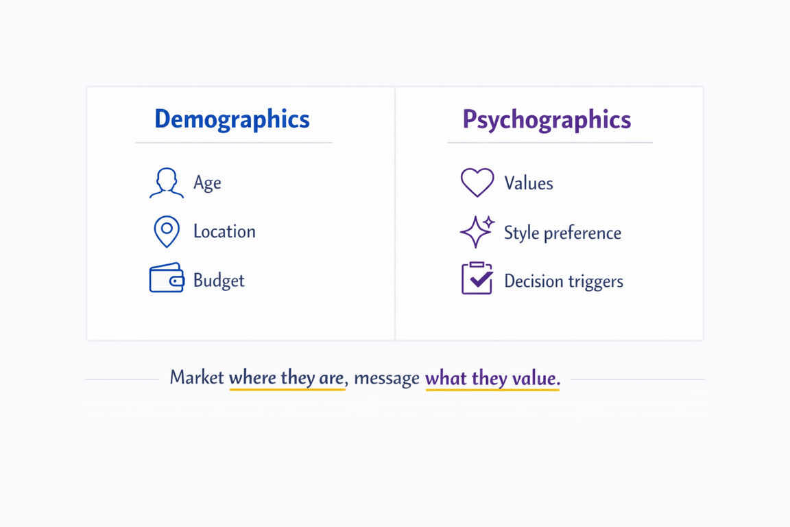Demographics including age, location, budget, and psychographics like values, style preference, decision triggers for marketing strategy.