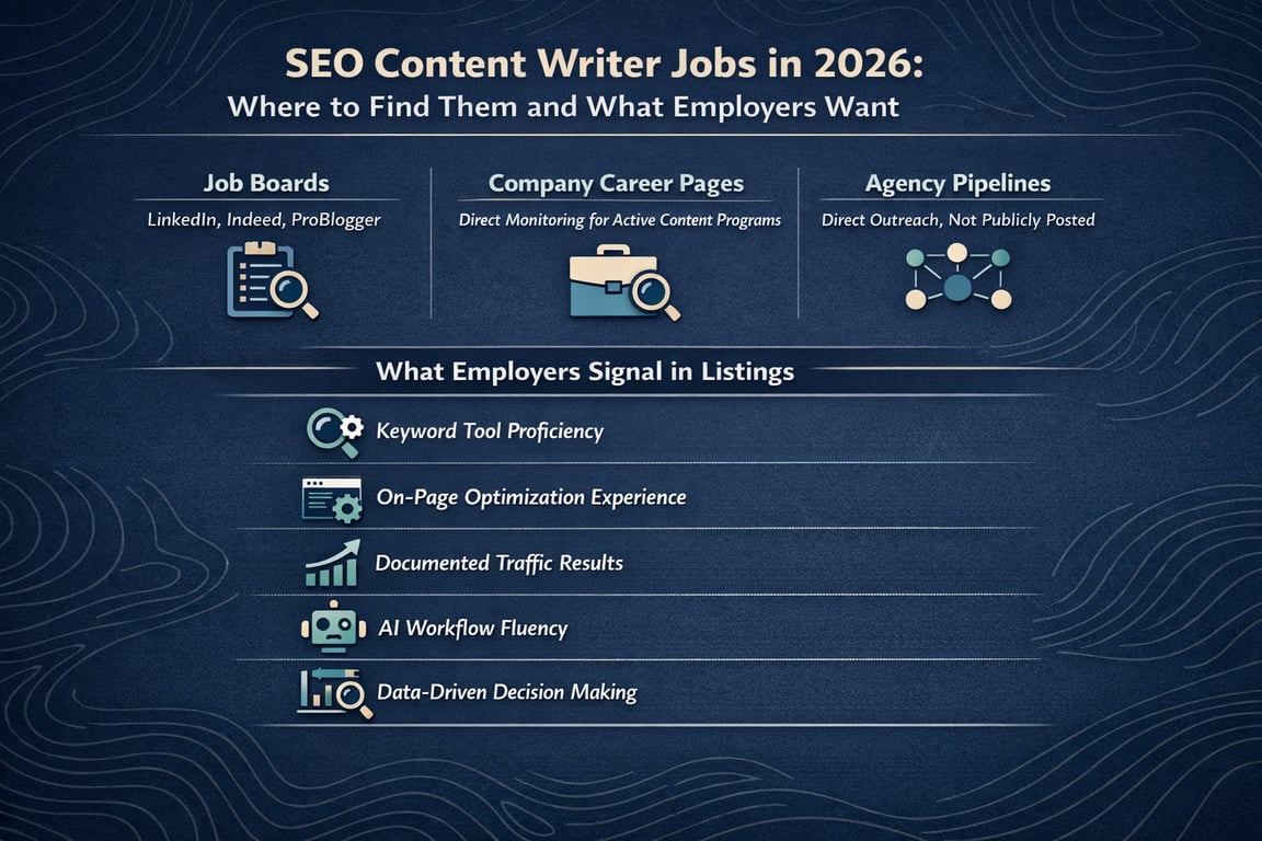 SEO content writer jobs in 2026 include job boards, company career pages, agency pipelines, and key employer signals.