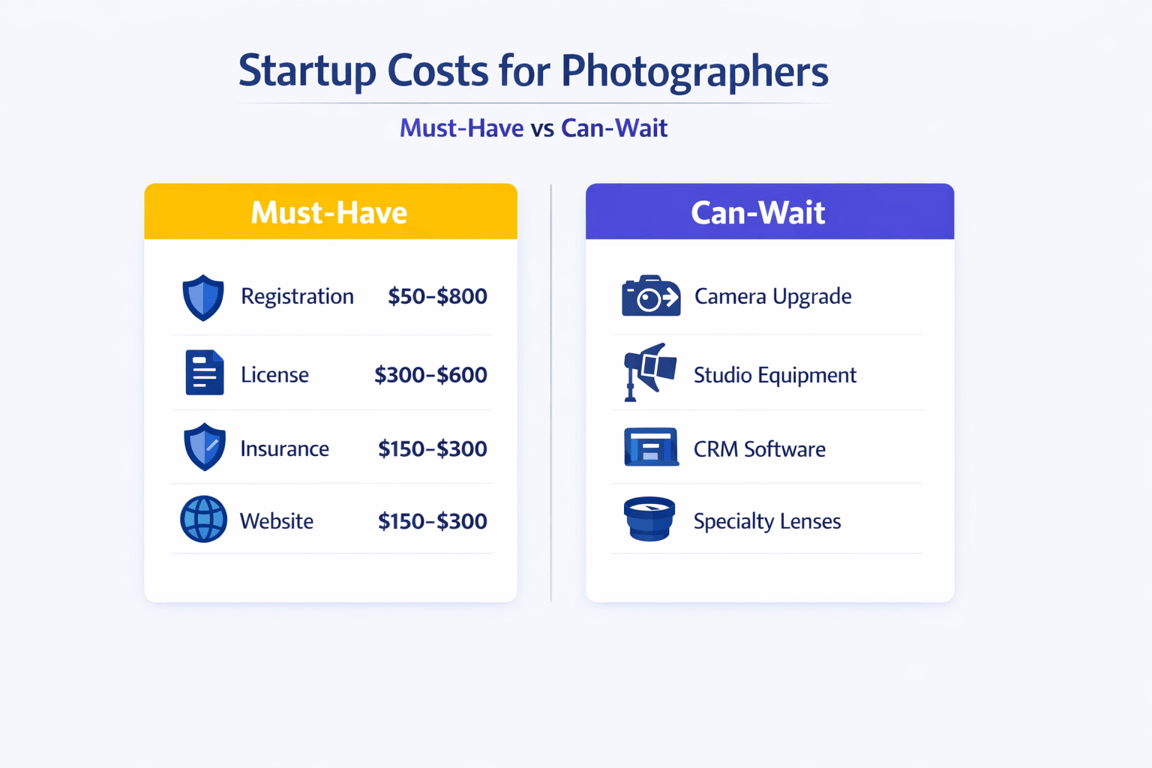 Startup costs for photographers, detailing must-have and can-wait expenses with estimated price ranges.