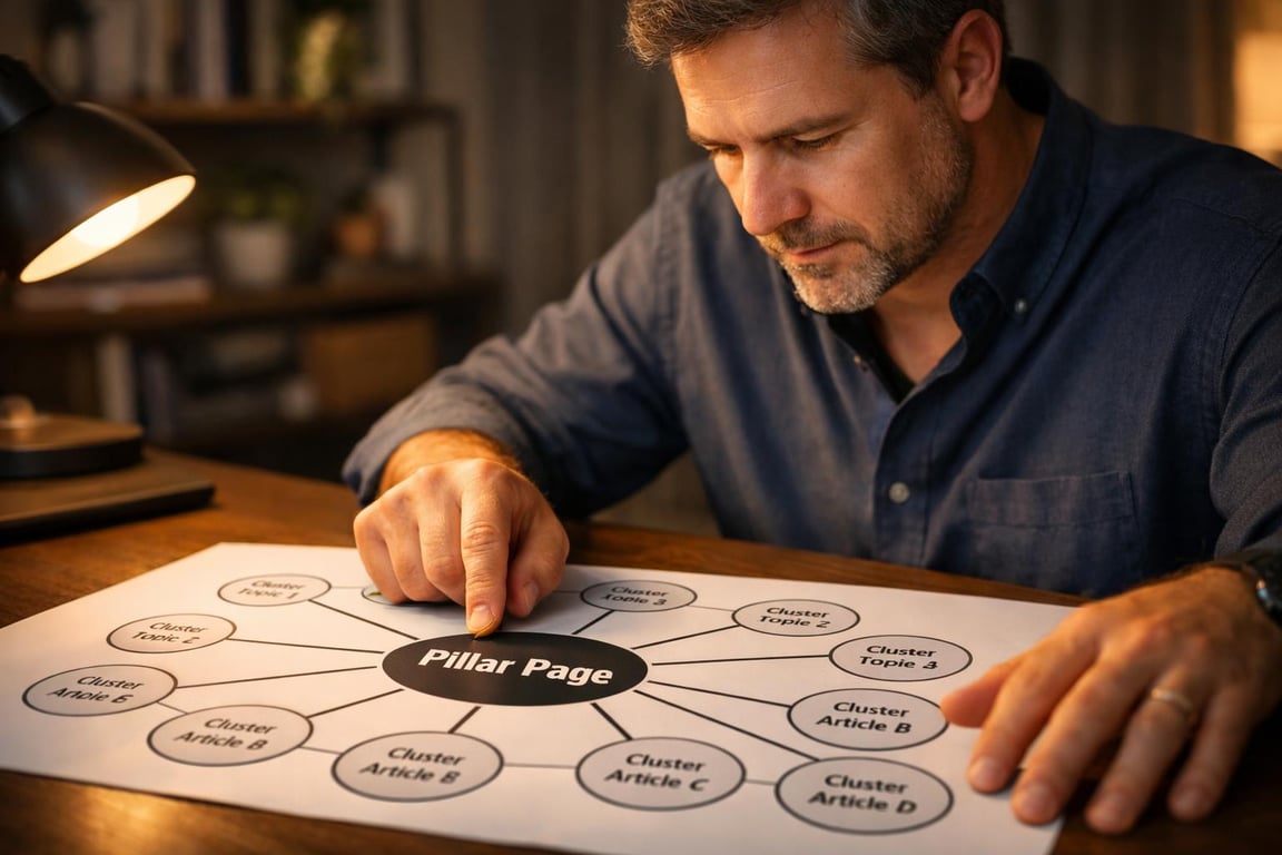 Man pointing at a pillar page diagram connecting cluster topics and articles on a desk in warm lighting.