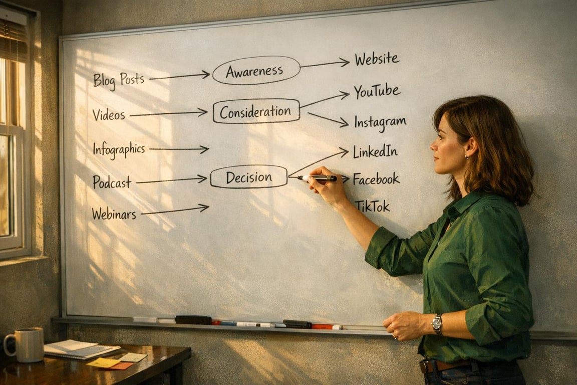 Woman in green shirt writing a marketing funnel on whiteboard linking content types to awareness, consideration, and decision stages.