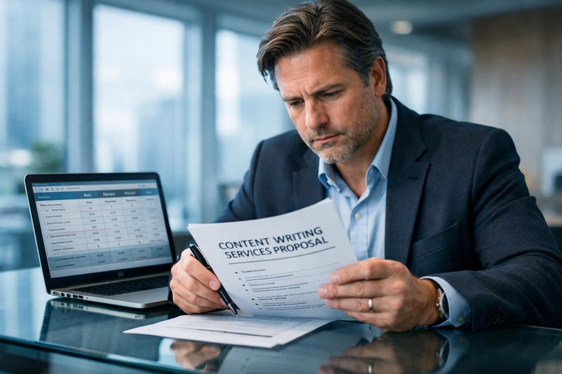 Man in business attire reviewing a content writing services proposal with laptop displaying data on a glass desk in office.