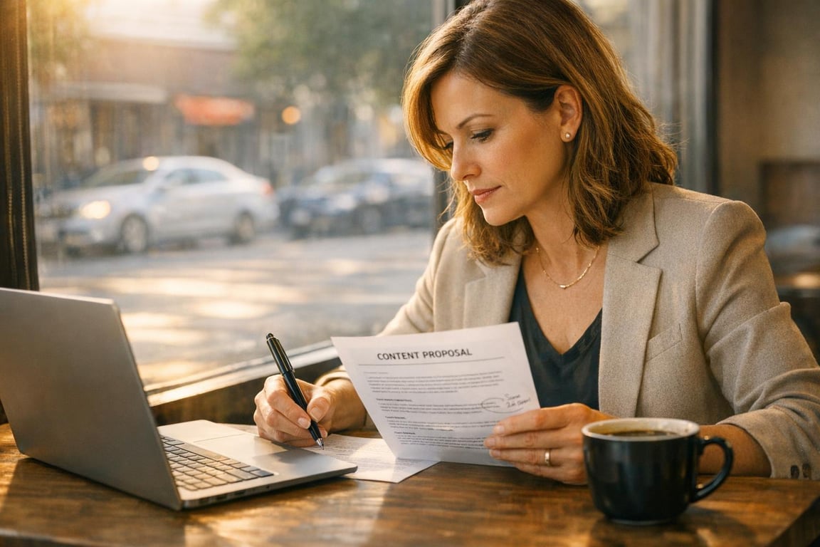 Woman reviewing and signing a content proposal document at a wooden table with laptop and coffee cup by the window.