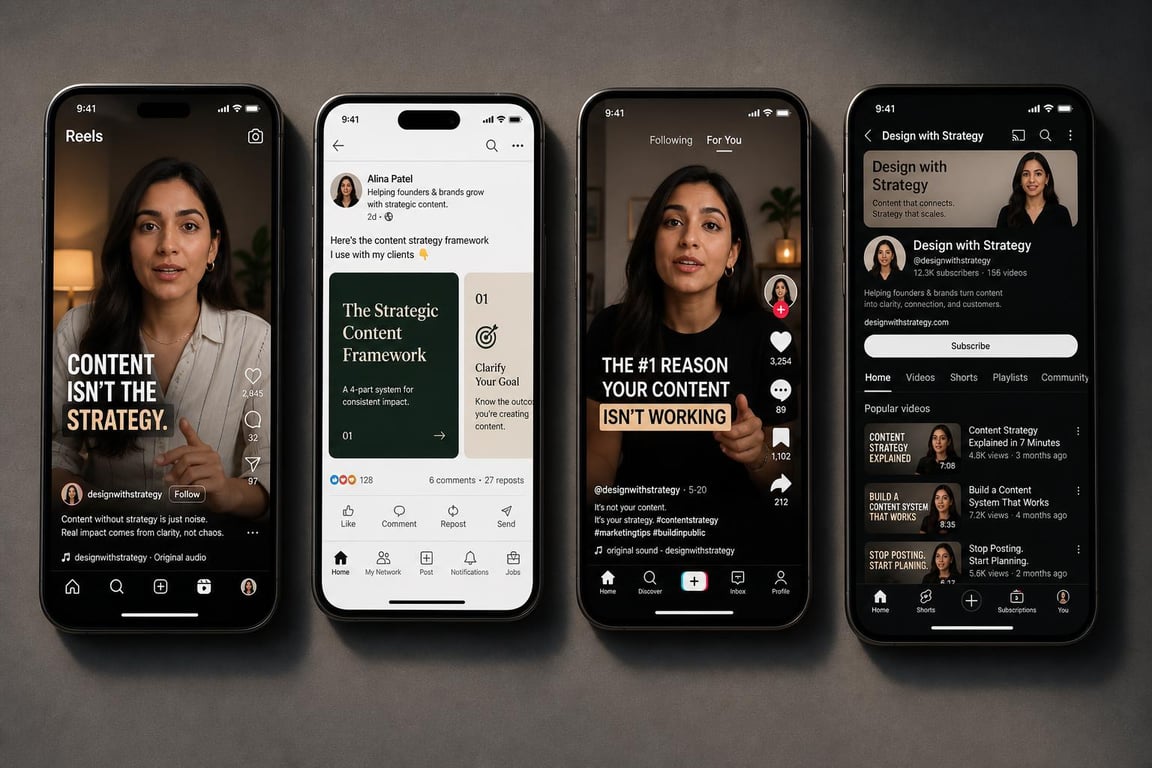 Four mobile screens displaying Instagram Reels, LinkedIn carousel, TikTok video, and YouTube channel representing social media platform content types