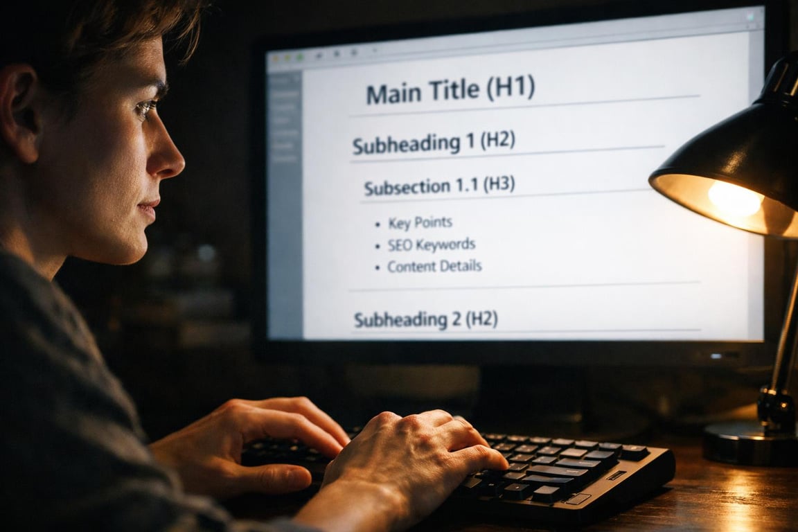 Person typing on keyboard with SEO content headings displayed on computer screen under desk lamp lighting.
