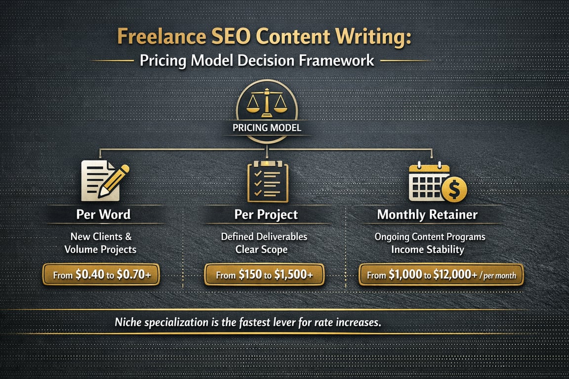 Freelance SEO content writing pricing models including per word, per project, and monthly retainer options with rate ranges.