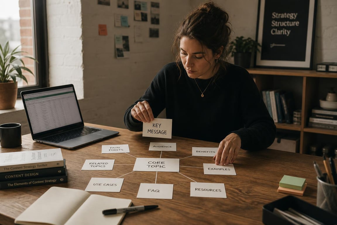 Content strategist arranging topic cluster cards into a hub-and-spoke pattern on a desk to visualize pillar page architecture