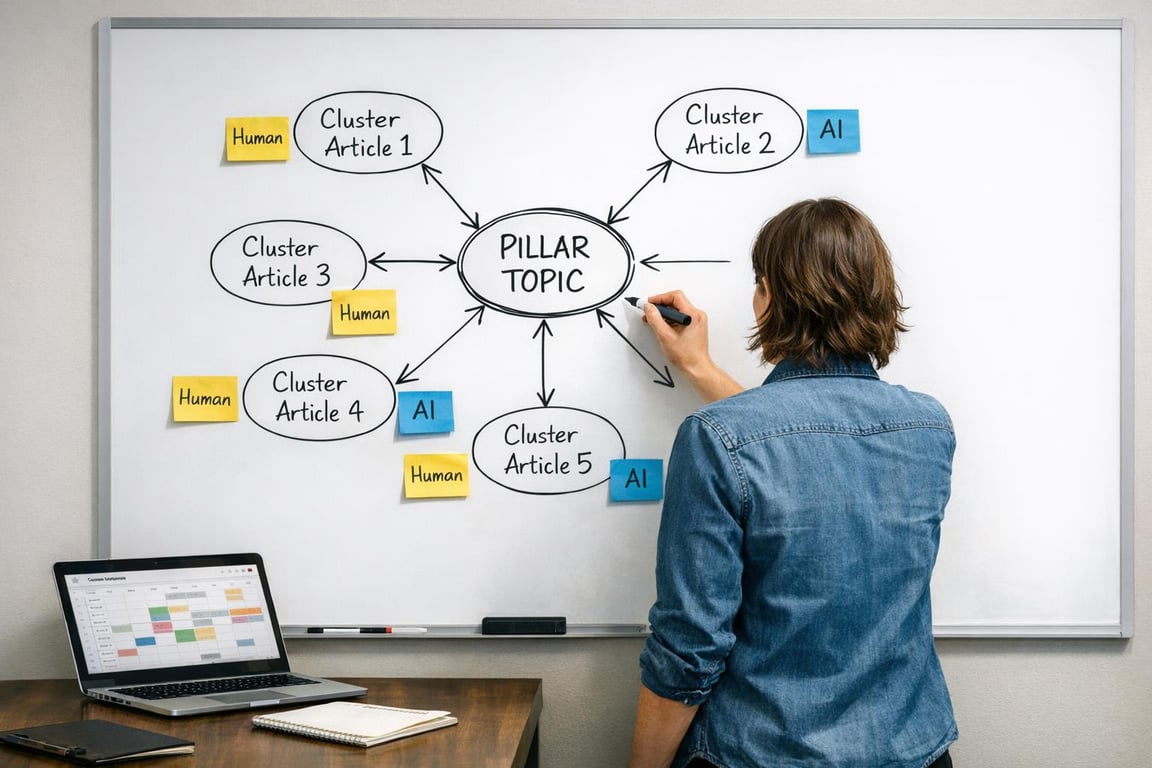 Person creating a content cluster diagram on whiteboard linking pillar topic to five cluster articles labeled by AI or human.