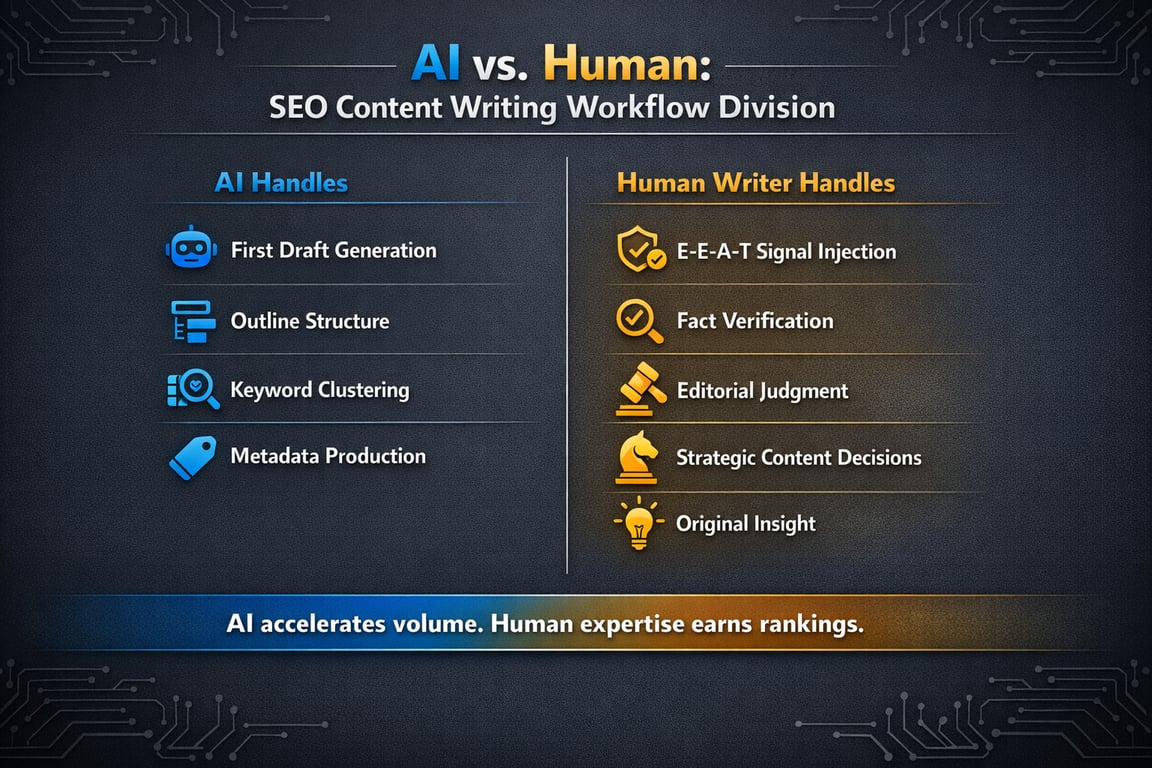 AI vs Human SEO content writing workflow division showing tasks handled by AI and human writers for better rankings.