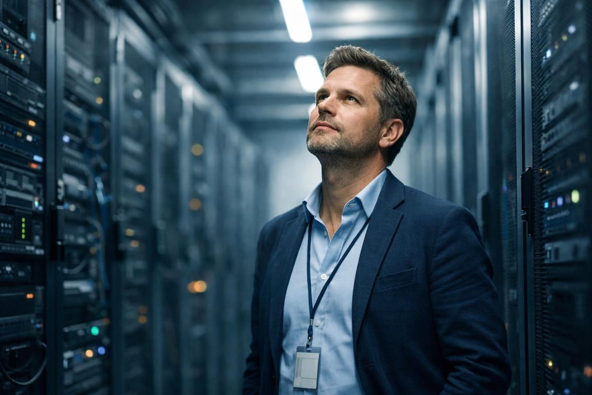 Man in business attire standing in a server room surrounded by racks of networking equipment and servers.