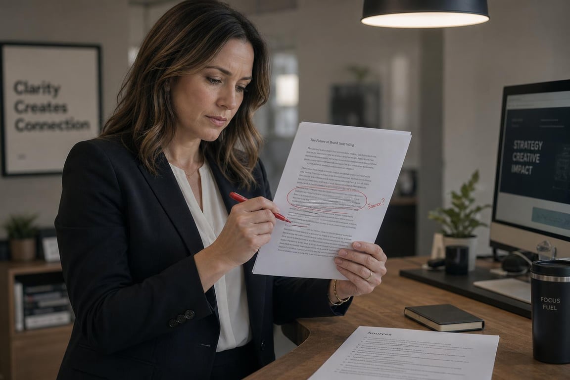 A marketing director annotates a printed article manuscript with a red pen, circling an unsourced claim before publish