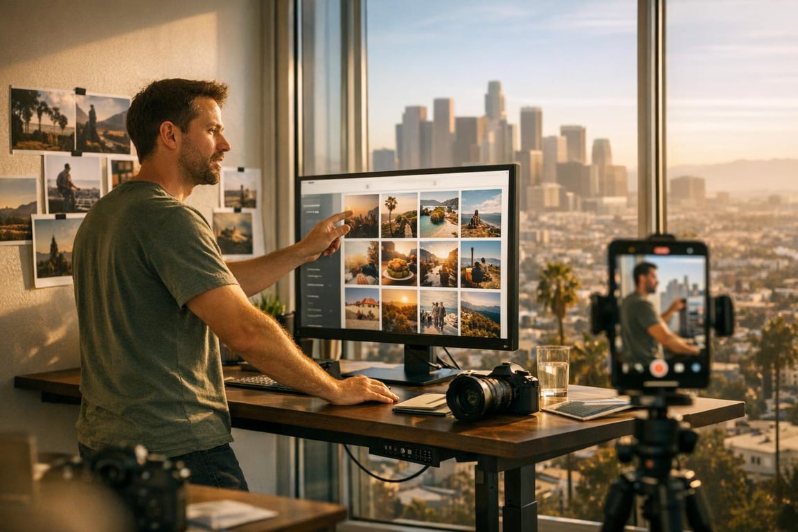 Photographer editing travel photos on a computer in a high-rise office with a city skyline view and camera gear nearby.
