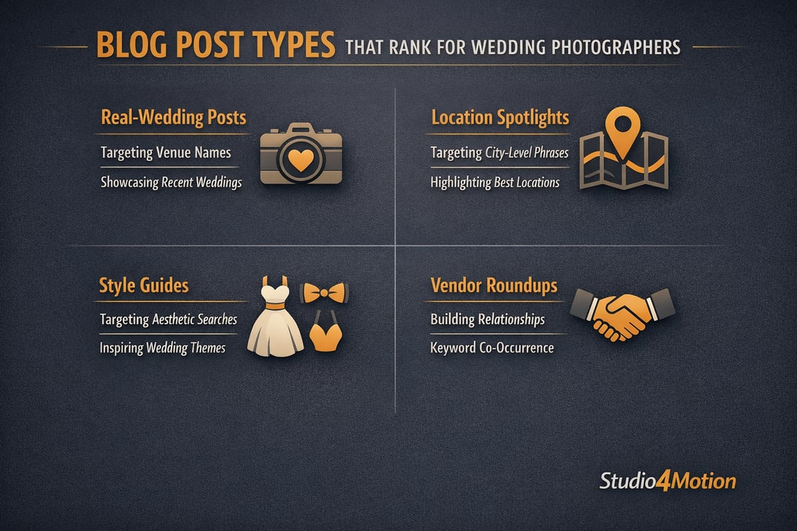 Blog post types for wedding photographers: real-wedding posts, location spotlights, style guides, and vendor roundups for SEO ranking.