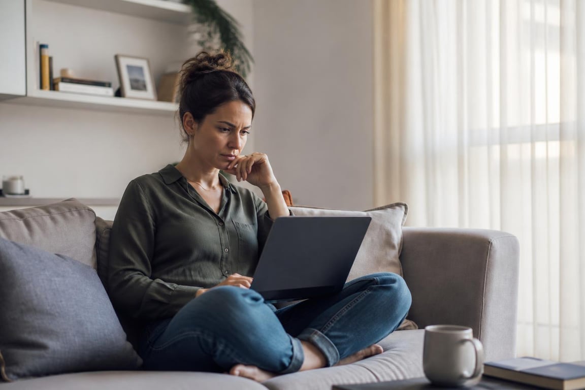 Woman on sofa portfolio decision — free website builders copywriters