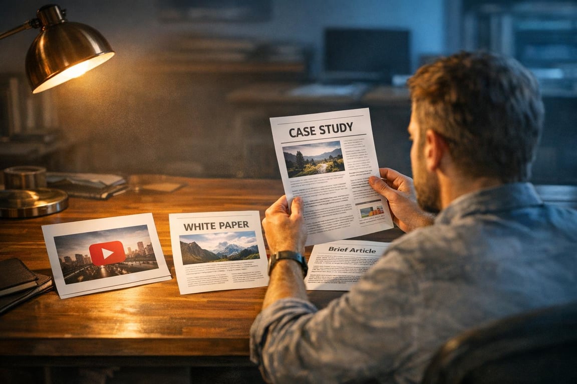 Man reading printed pages titled case study, white paper, and brief article at wooden desk with desk lamp lighting.