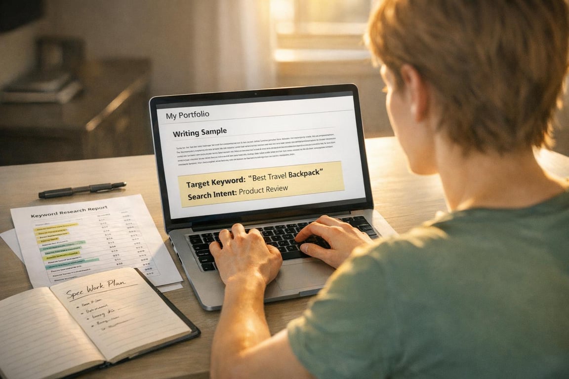 Person working on laptop with a writing portfolio titled "Best Travel Backpack" and keyword research report on the desk.