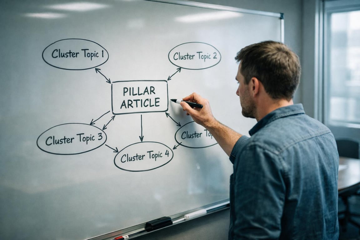 Man writing a pillar article content plan with cluster topics on a whiteboard in an office setting.