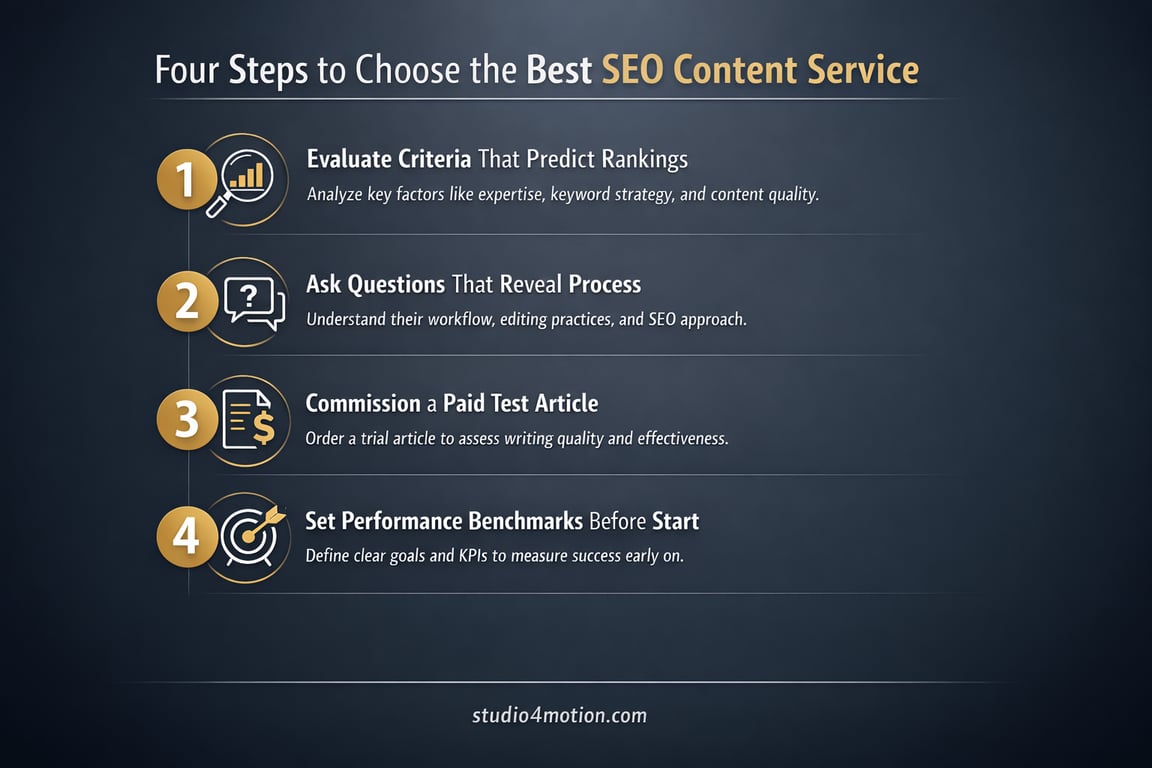 Four steps to choose the best SEO content service: evaluate criteria, ask questions, commission test article, set performance benchmarks.