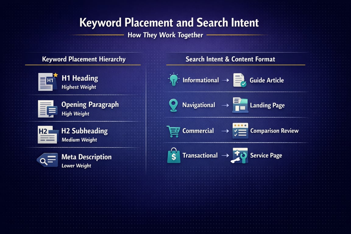 Keyword placement hierarchy showing H1, opening paragraph, H2, meta description weights and search intent types with content formats.