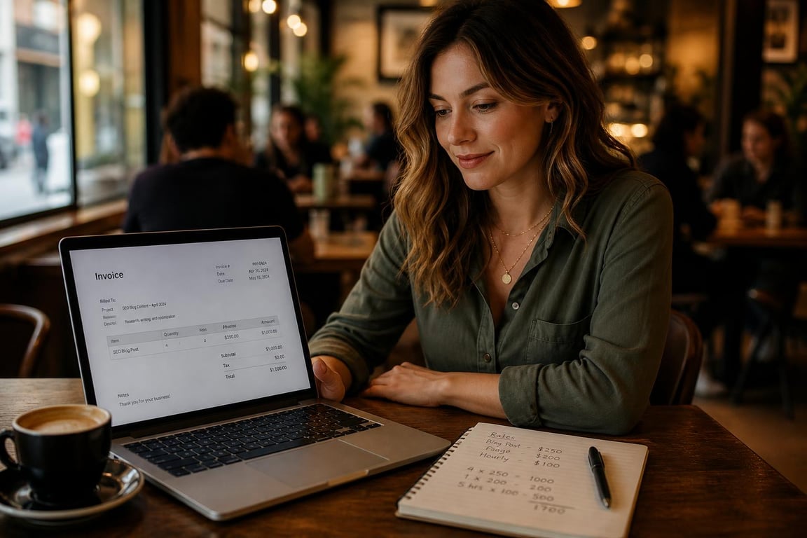 Freelance SEO copywriter reviewing a project invoice on a laptop at a cafe table with rate notes in a notebook