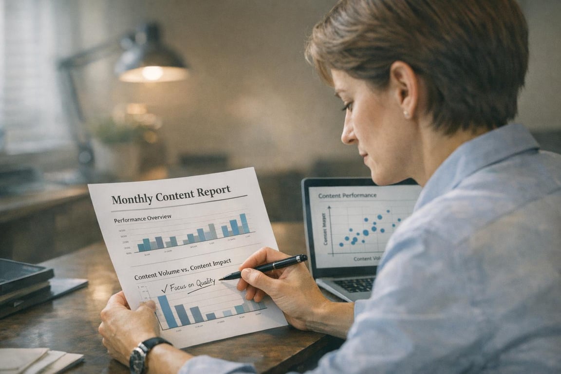 Person analyzing monthly content report with charts and graphs beside laptop displaying content performance data.