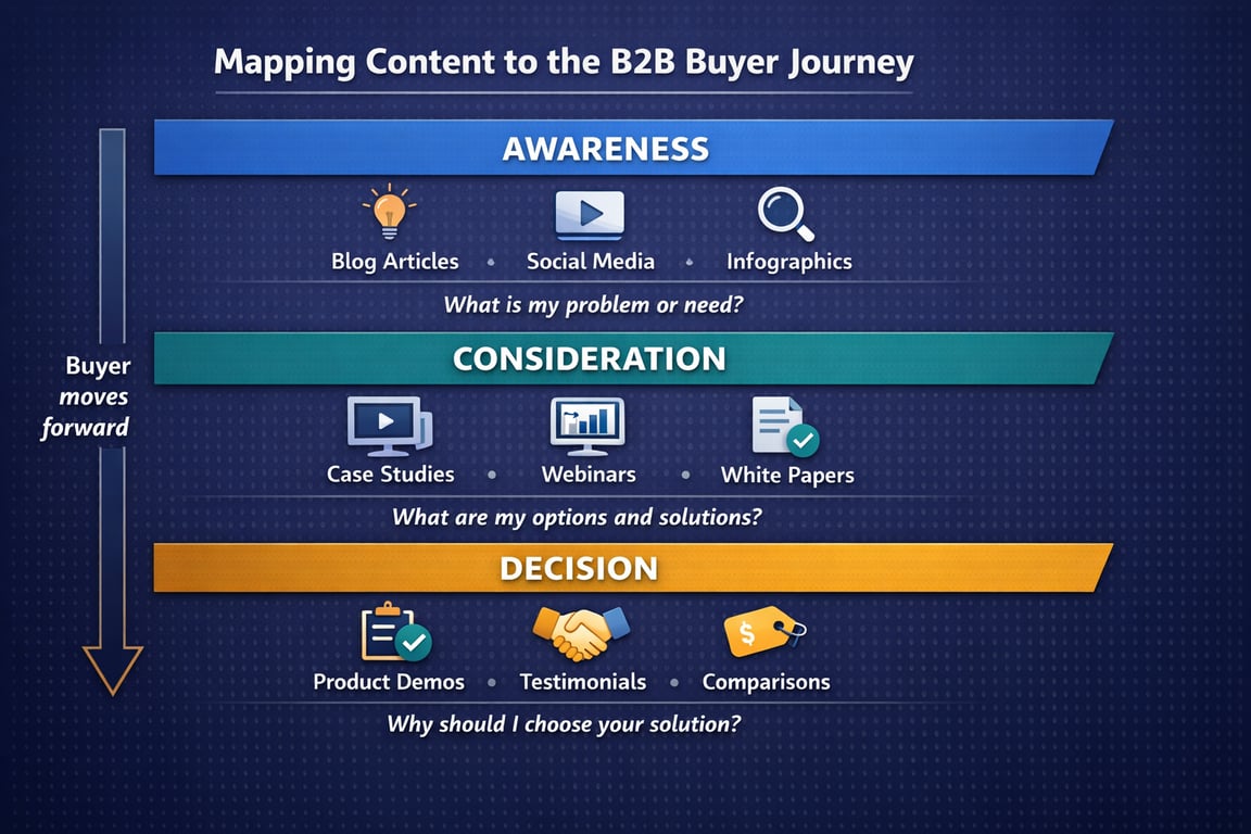 Mapping content types like blog articles, webinars, and product demos to stages of the B2B buyer journey: awareness, consideration, decision.