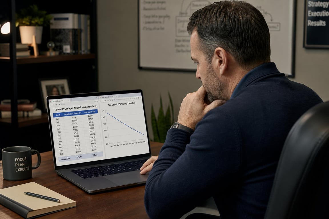 Business owner comparing SEO content ROI against paid search cost-per-acquisition in spreadsheet, twelve-month attribution analysis on laptop
