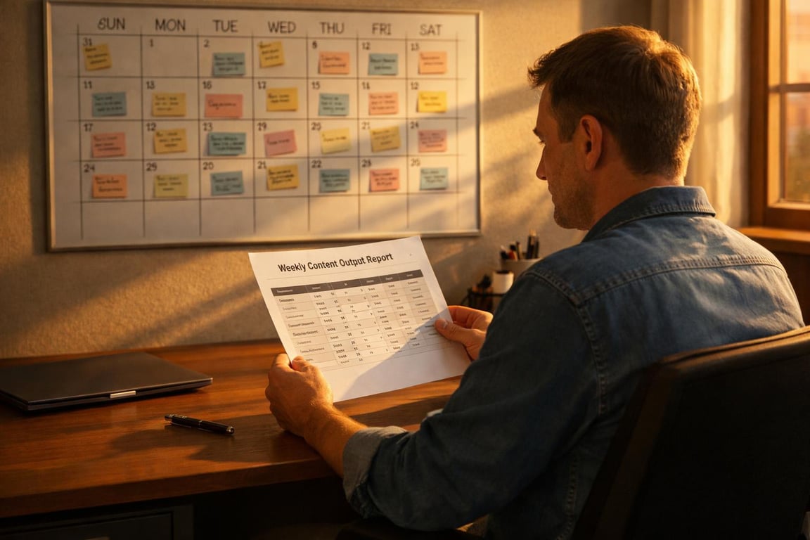Man reviewing weekly content output report at a desk with a monthly calendar and sticky notes on the wall.