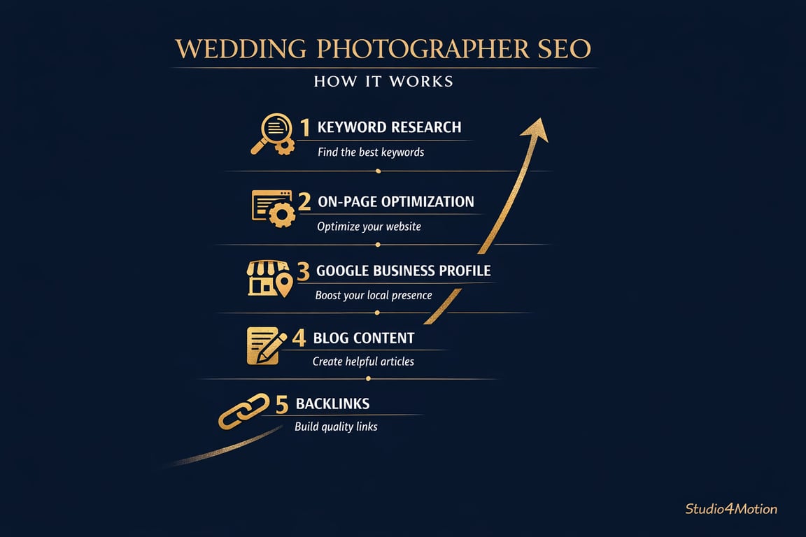 Steps for wedding photographer SEO including keyword research, on-page optimization, Google Business Profile, blog content, and backlinks.