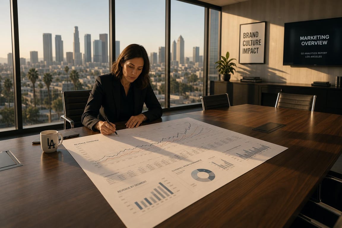 Marketing director reviewing a printed SEO campaign analytics report showing six-figure revenue trend lines in a modern office