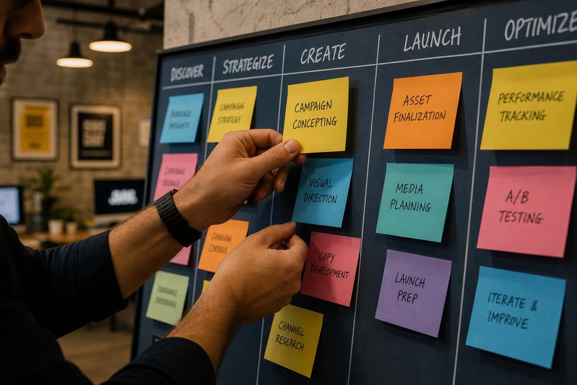 Business owner arranging color-coded campaign phase cards on a planning board in a creative agency workspace
