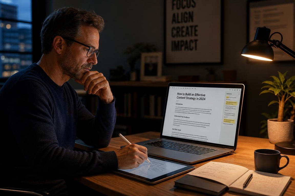 Marketing director reading blog draft, structure blog post readability seo h2s h3s