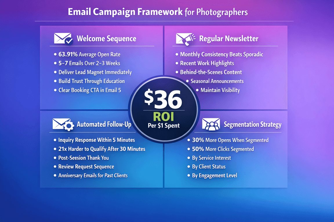 Email campaign framework for photographers with welcome sequence, regular newsletter, automated follow-up, segmentation strategy, and $36 ROI per $1 spent.