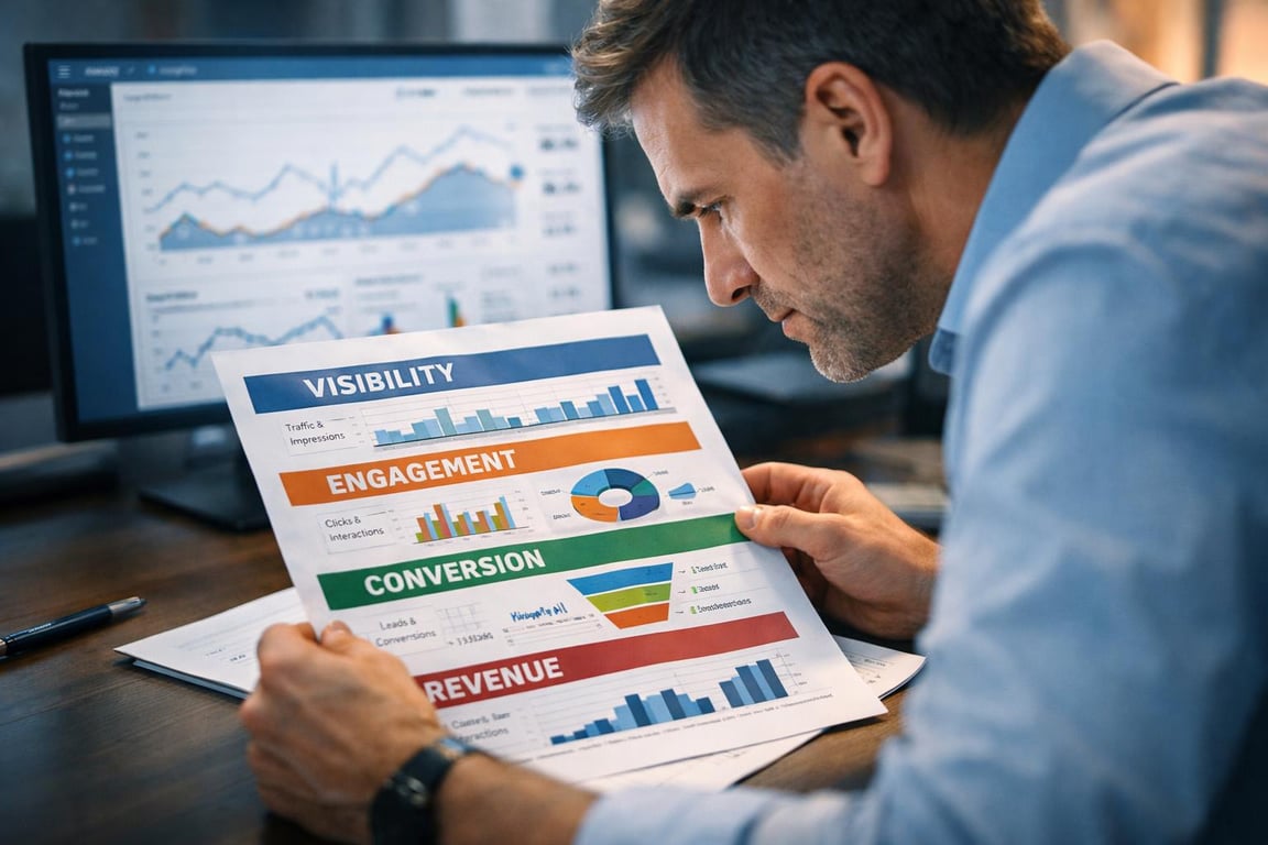 Man analyzing marketing performance report with charts on visibility, engagement, conversion, and revenue at office desk.