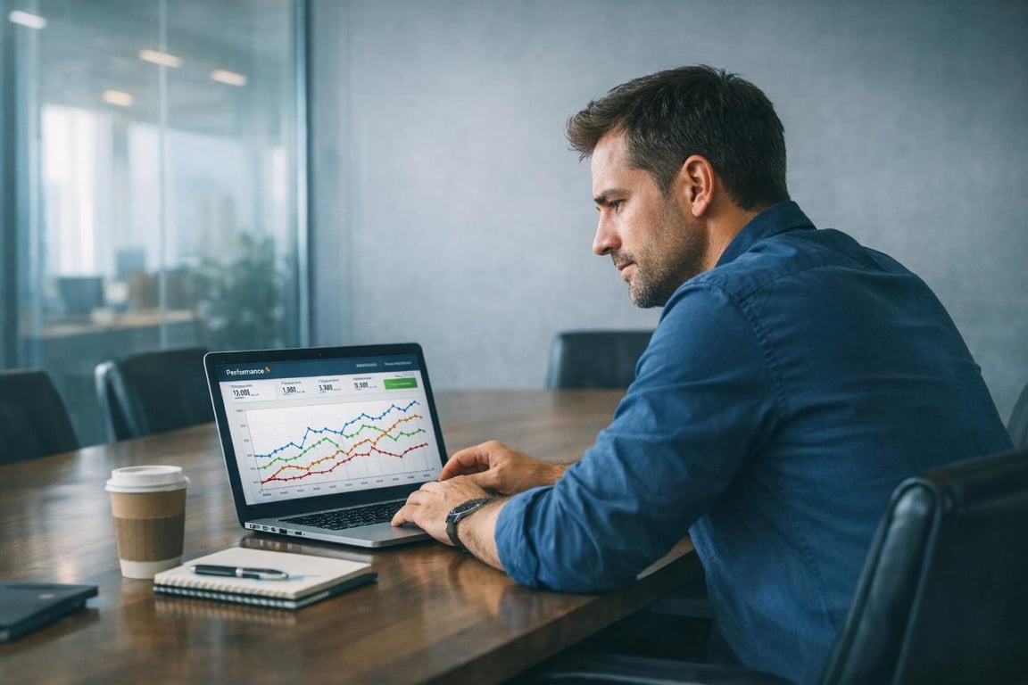 Man in blue shirt analyzing business performance graphs on laptop at conference room table with coffee and notebook.