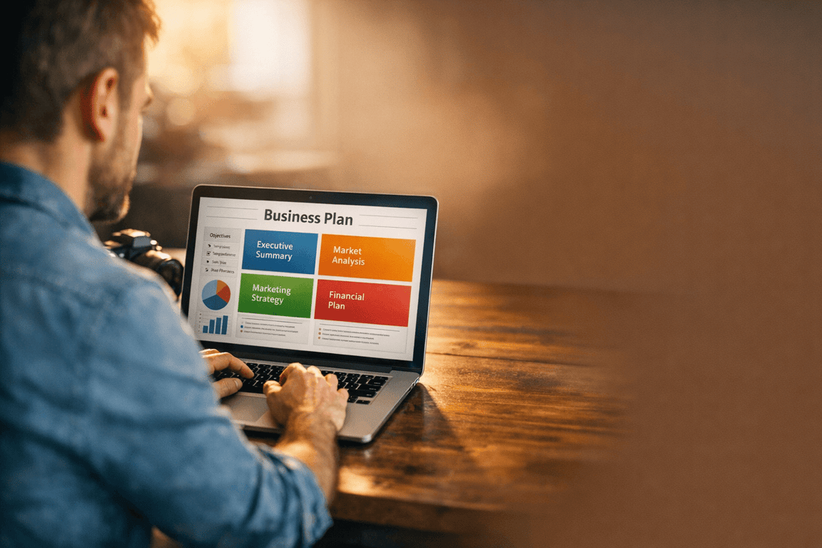 Man working on a laptop displaying a business plan with sections for executive summary, market analysis, marketing strategy, and financial plan.