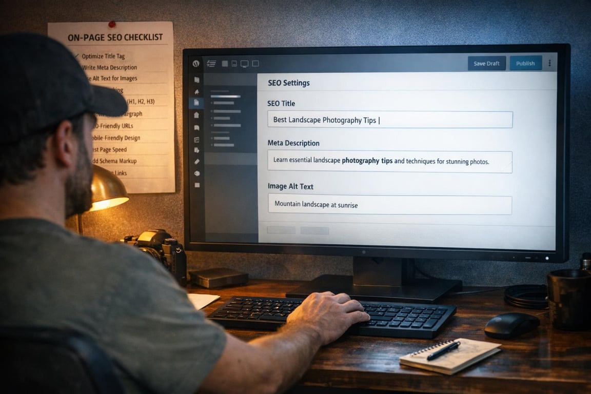 Person working on SEO settings for a blog post about landscape photography tips on a desktop computer.