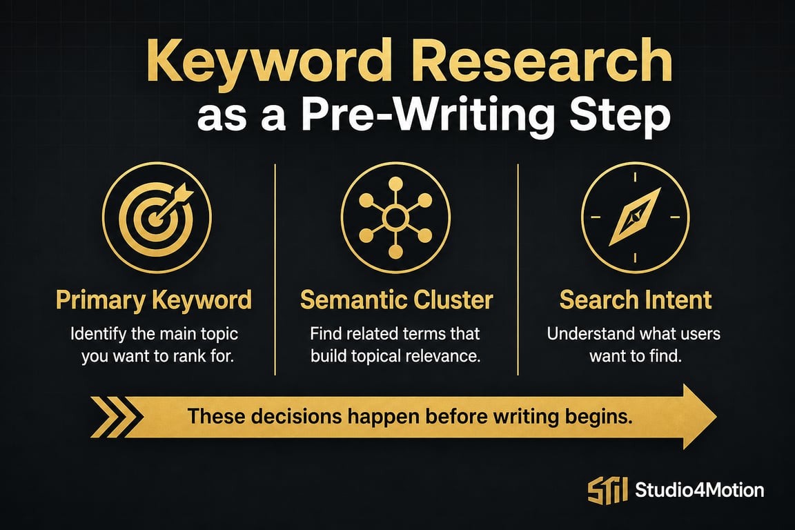 Infographic showing keyword research as a three-part pre-writing framework: primary keyword, semantic cluster, and search intent